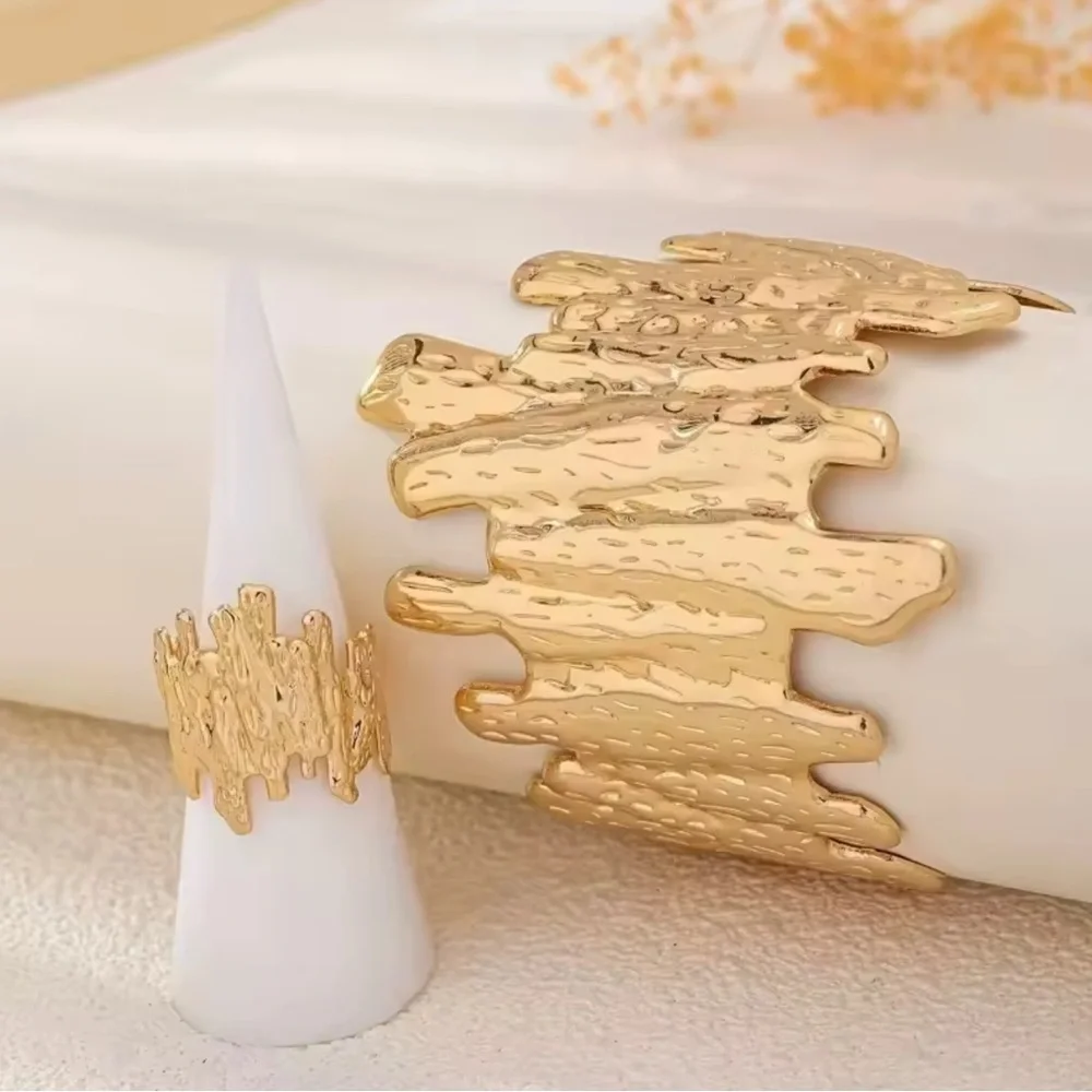 Gold Textured Geometric Pleated Open Bracelet Ring Set Minimalist Jewelry